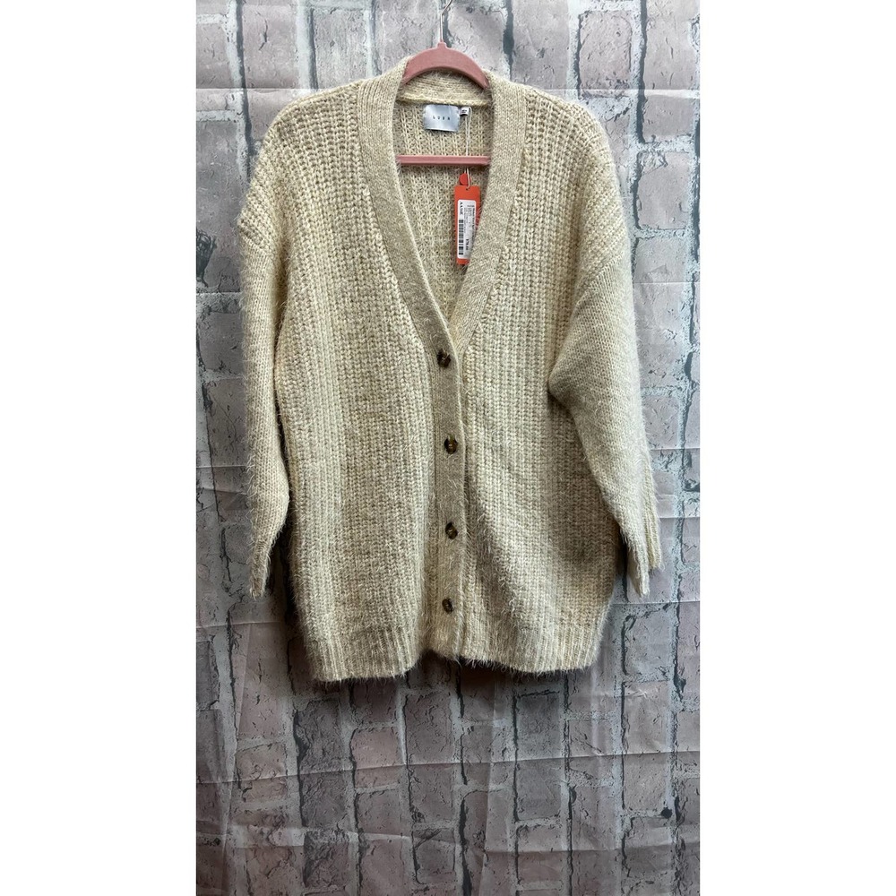 Lush Womens V-Neck Mohair Blend Knit Cardigan Sweater in Cream Size Large